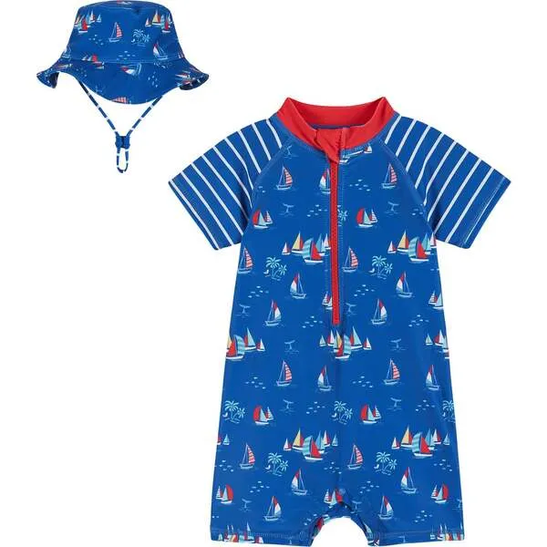 Andy & Evan Infant Swim Romper and Hat , Sailboat Print