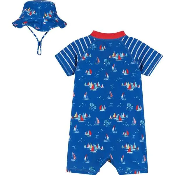 Andy & Evan Infant Swim Romper and Hat , Sailboat Print