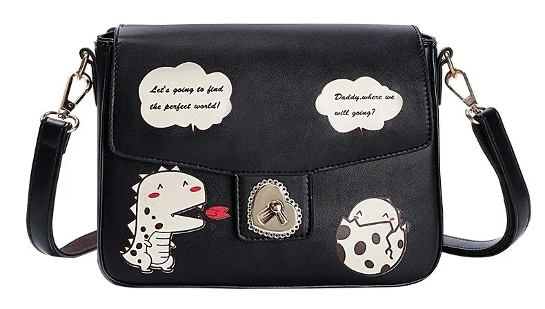 Black Dinosaurs Cartoon Heart Buckle Retangular Cross Body Strap Bag Handbag