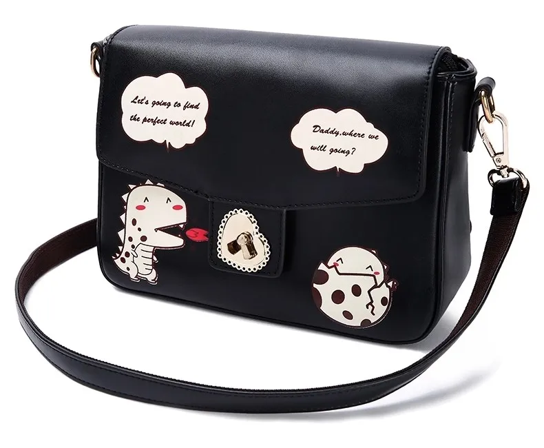 Black Dinosaurs Cartoon Heart Buckle Retangular Cross Body Strap Bag Handbag