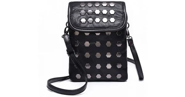 Black Hexagonal Metal Studs Punk Rock Mini Handphone Cross Body Strap Bag