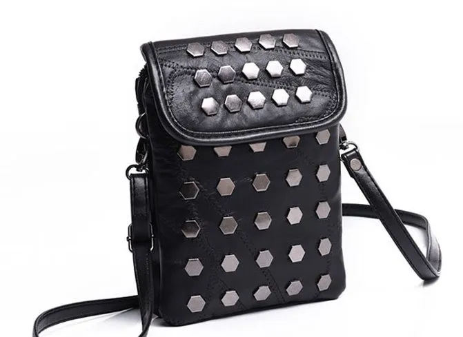 Black Hexagonal Metal Studs Punk Rock Mini Handphone Cross Body Strap Bag