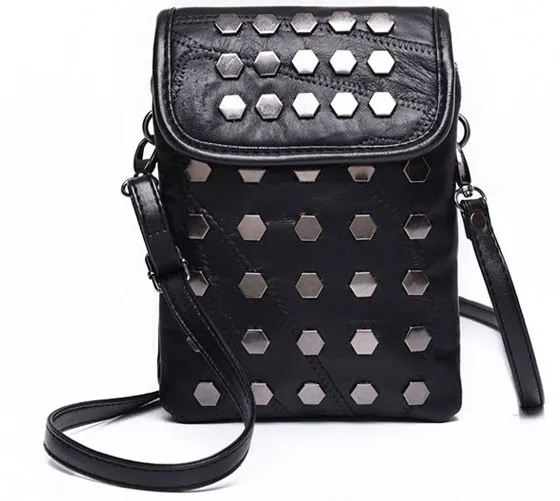 Black Hexagonal Metal Studs Punk Rock Mini Handphone Cross Body Strap Bag