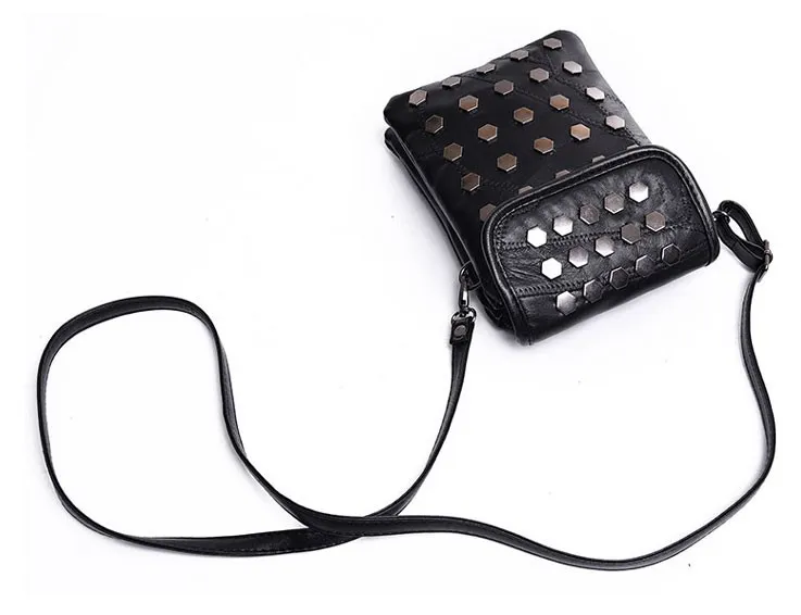 Black Hexagonal Metal Studs Punk Rock Mini Handphone Cross Body Strap Bag