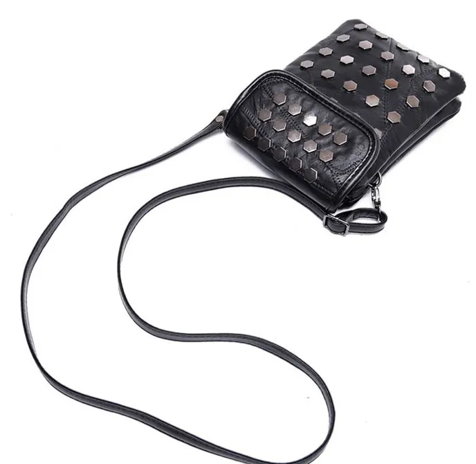 Black Hexagonal Metal Studs Punk Rock Mini Handphone Cross Body Strap Bag