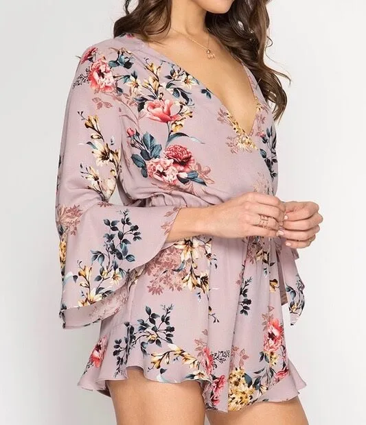 flare sleeve floral print romper - misty pink