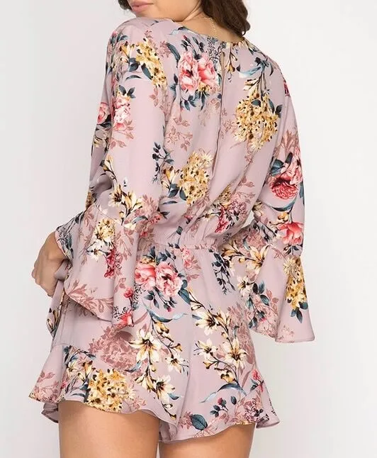 flare sleeve floral print romper - misty pink