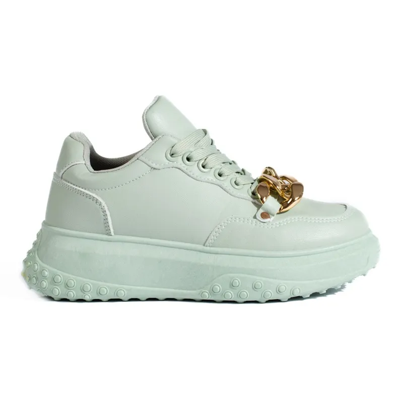 Light green women's sneakers with chain