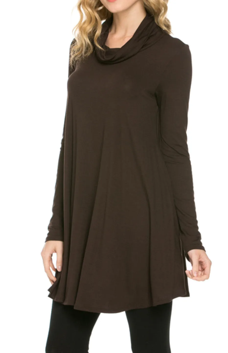 Long Sleeve Cowl Neck A-Line Tunic Dress