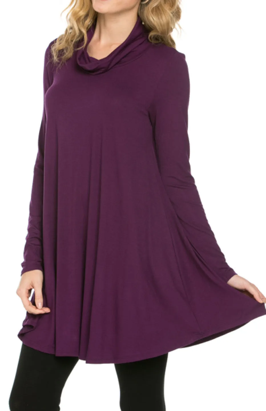 Long Sleeve Cowl Neck A-Line Tunic Dress