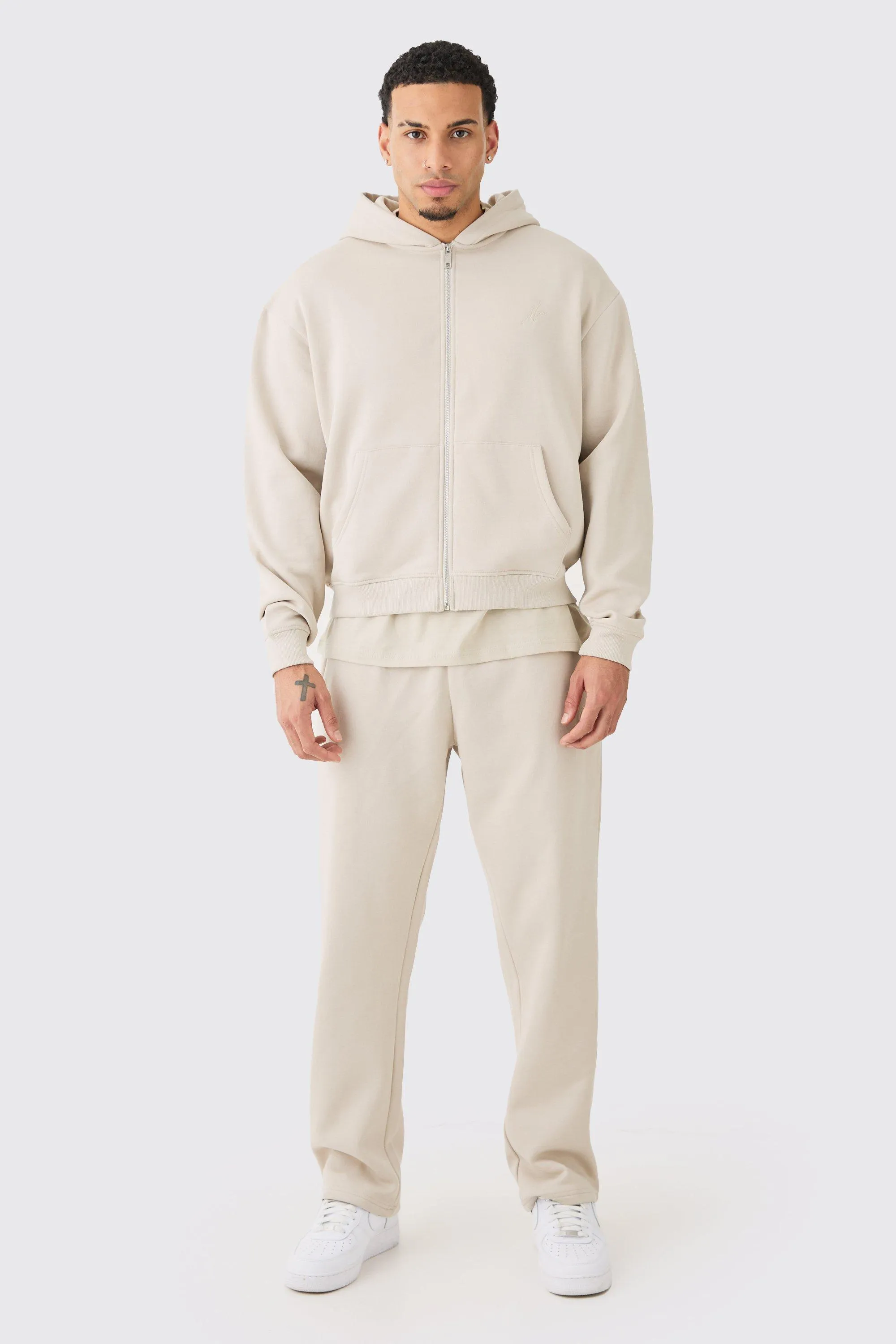 Man Signature Boxy Zip Through Hooded Tracksuit | boohooMAN UK