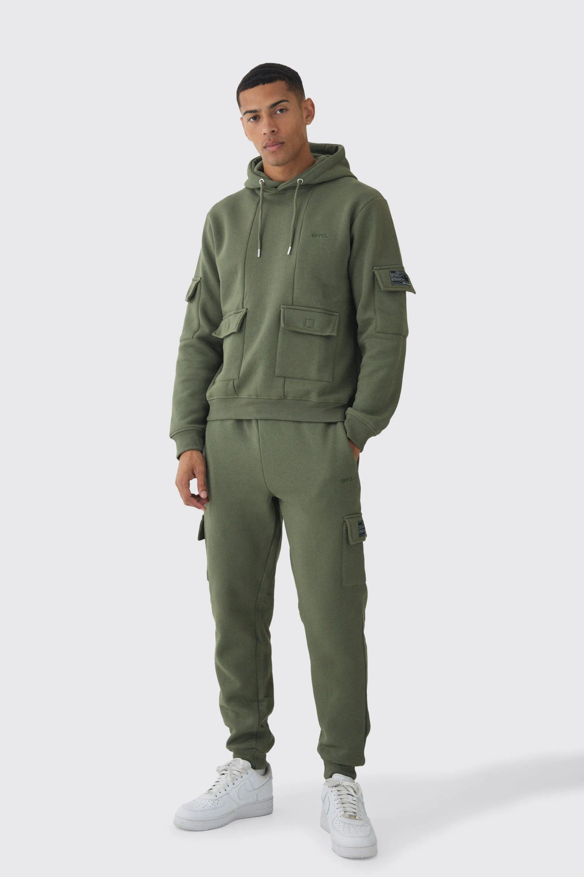 Official Man Regular Fit Panelled Cargo Hooded Tracksuit | boohooMAN UK