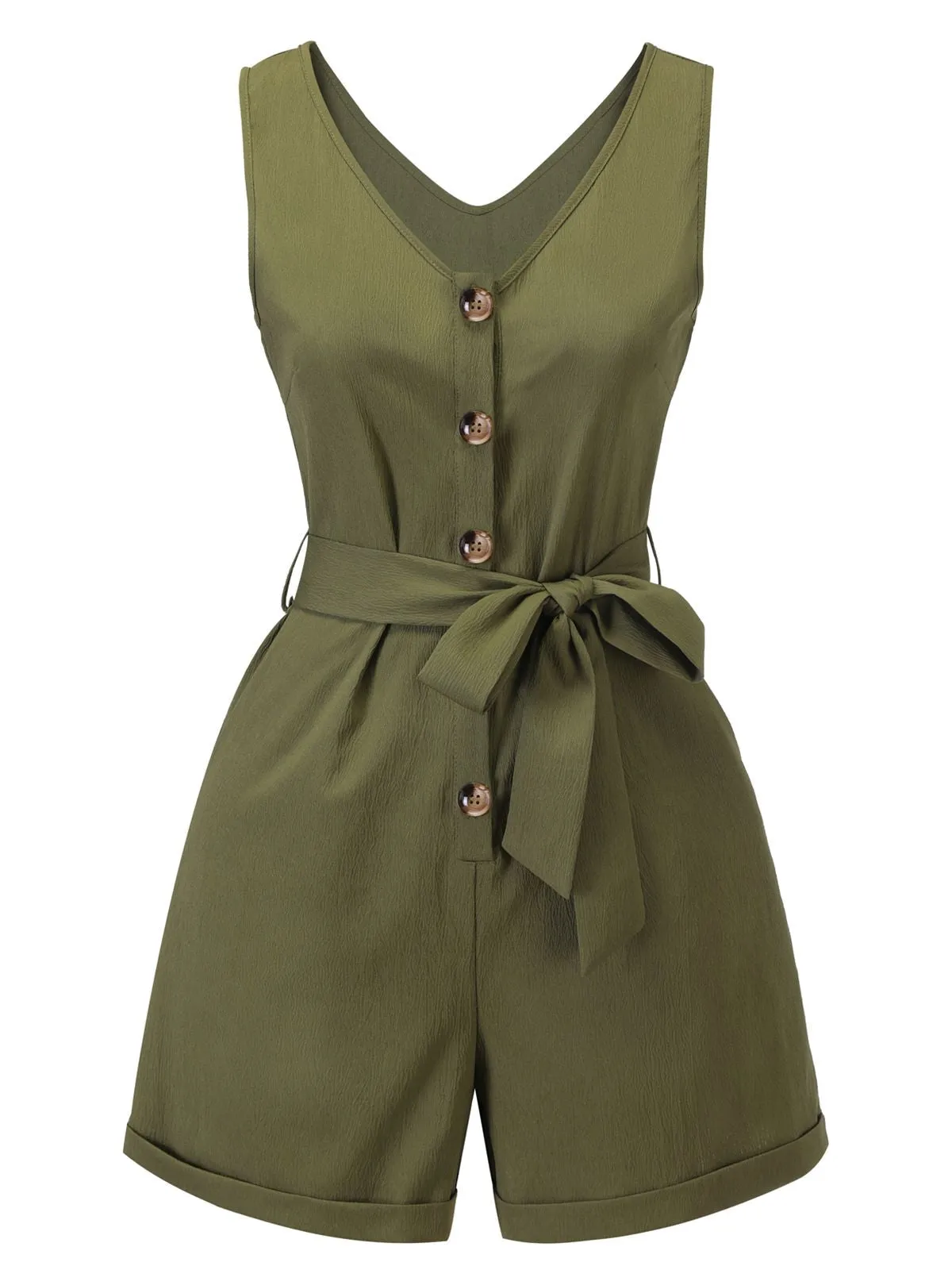 Olive Green 1950s V-Neck Button Waist Tie Romper