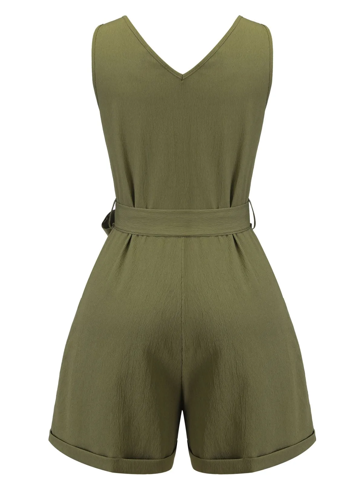 Olive Green 1950s V-Neck Button Waist Tie Romper