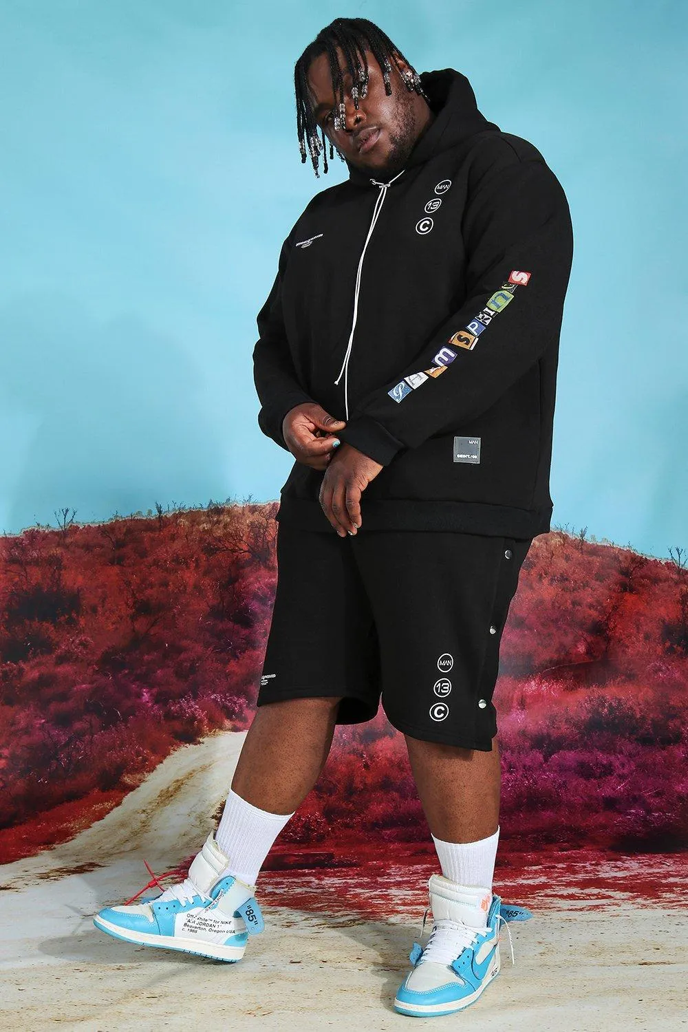 Plus Graphic Print Hooded Short Tracksuit | boohooMAN UK