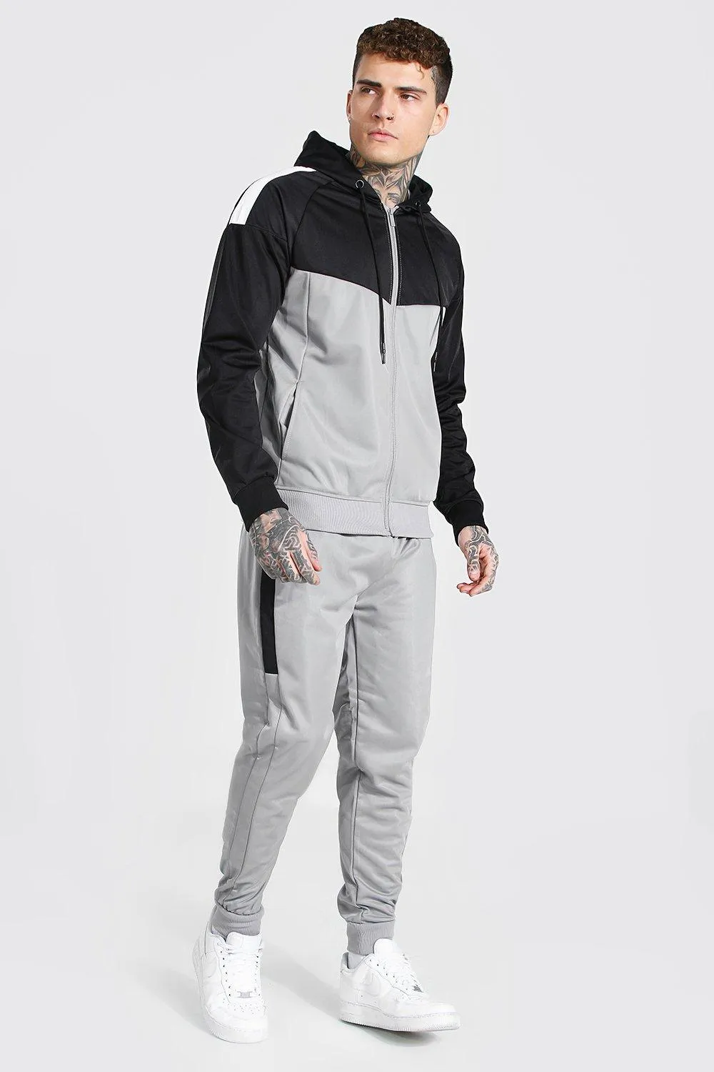 Poly Colour Block Zip Hooded Tracksuit | boohooMAN UK