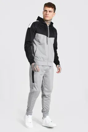 Poly Colour Block Zip Hooded Tracksuit | boohooMAN UK