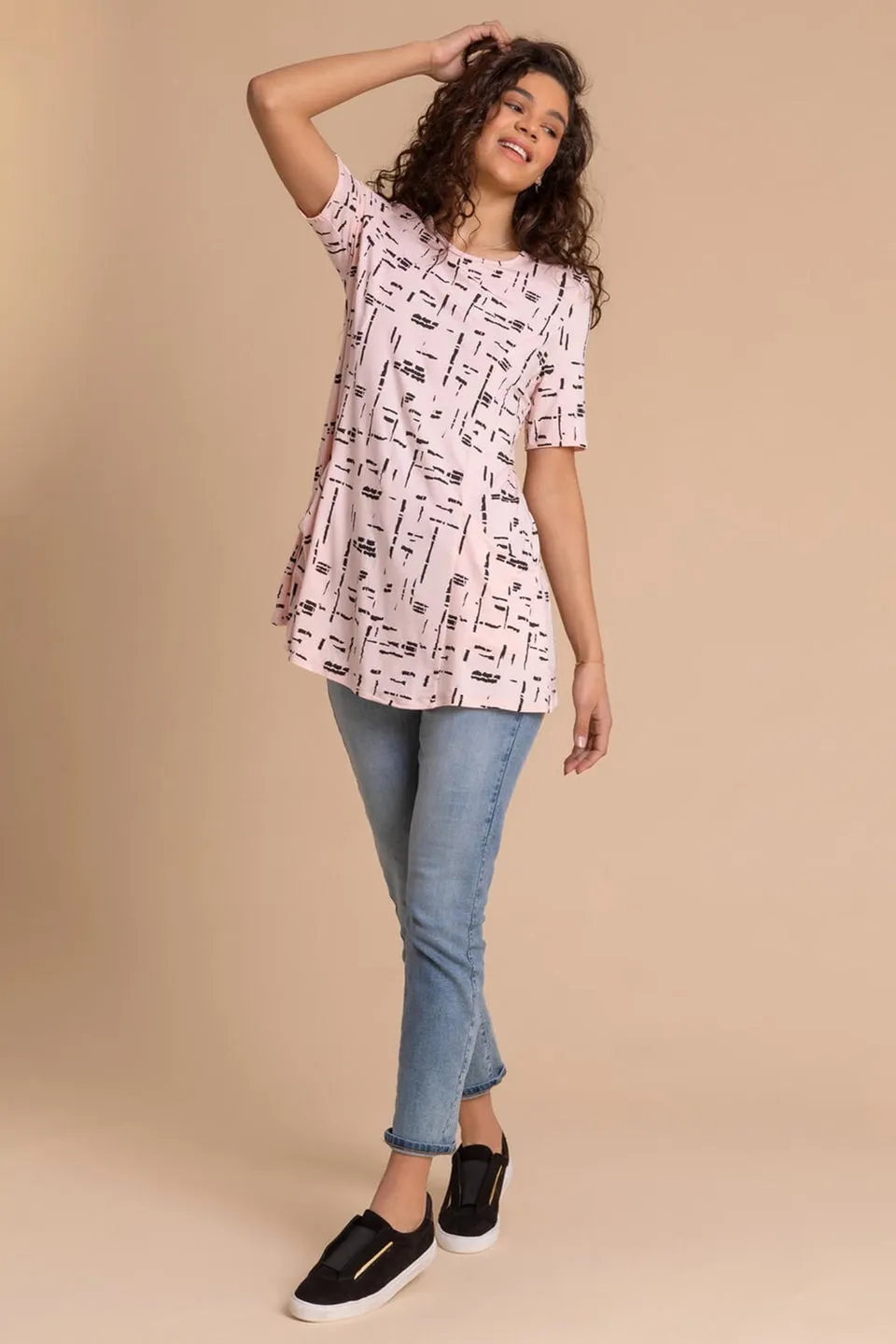 Roman Light Pink Abstract Pocket Stretch Swing Tunic Top