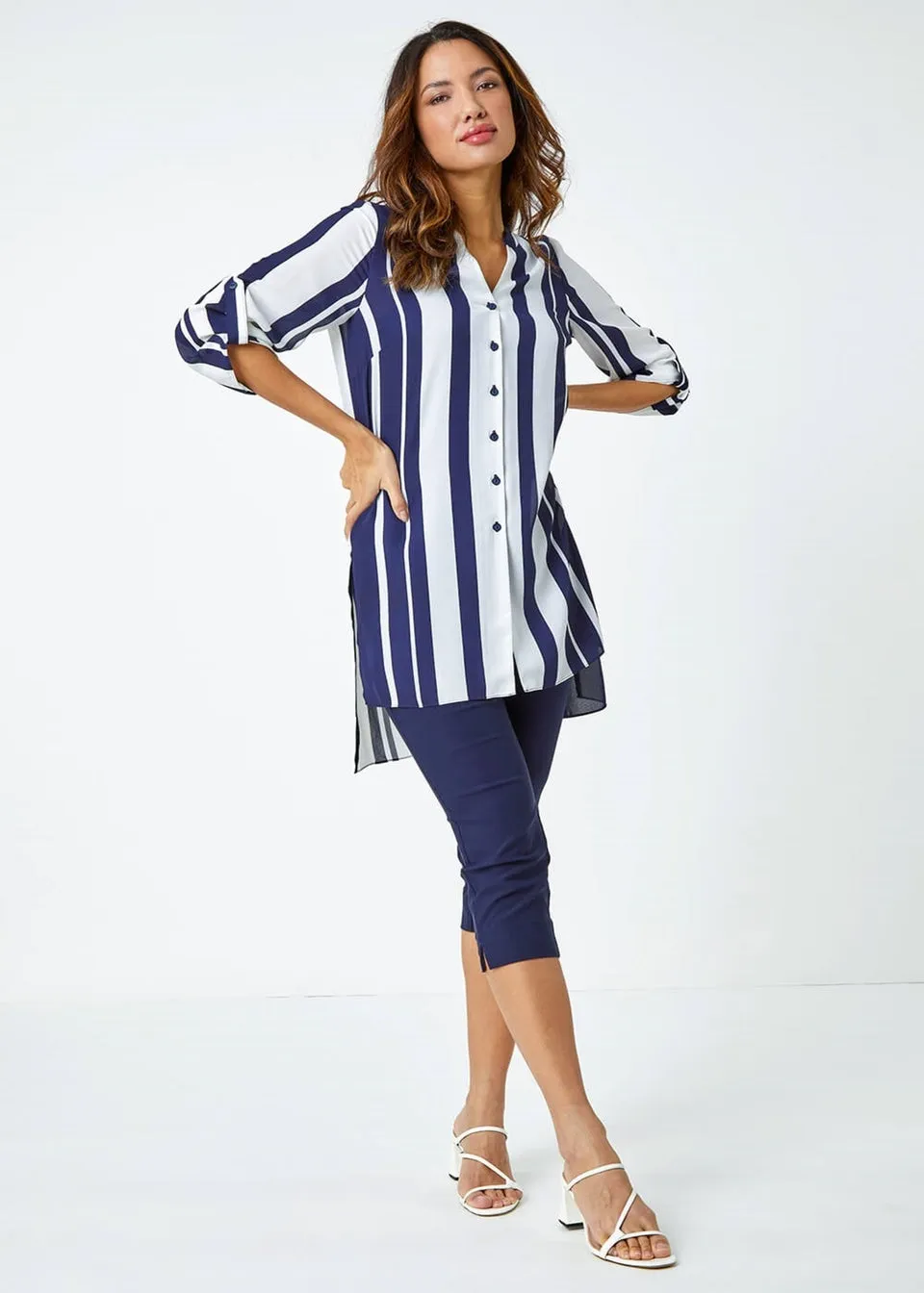 Roman Navy Longline Stripe Print Tunic Shirt