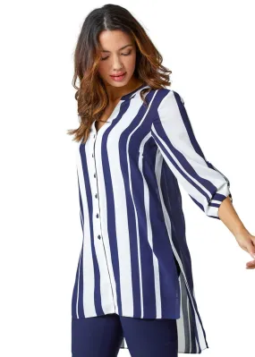 Roman Navy Longline Stripe Print Tunic Shirt