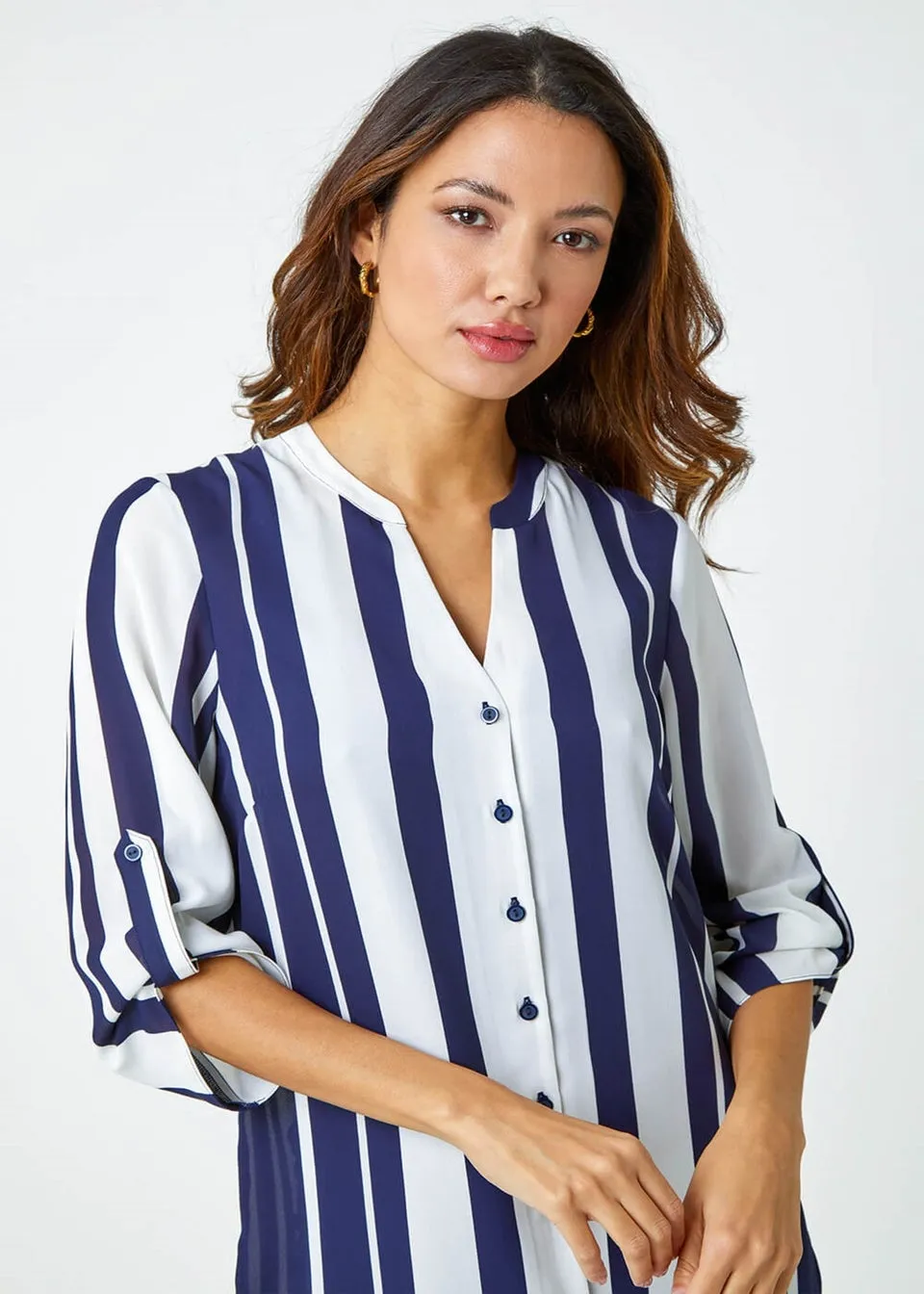 Roman Navy Longline Stripe Print Tunic Shirt