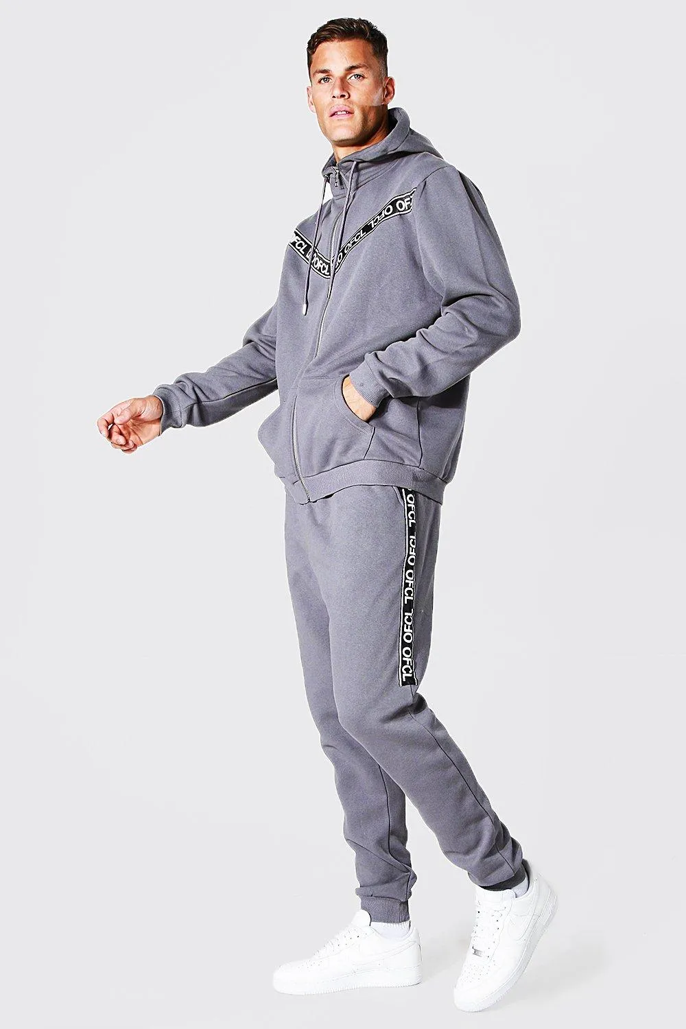 Tall Ofcl Tape Zip Through Hooded Tracksuit | boohooMAN UK