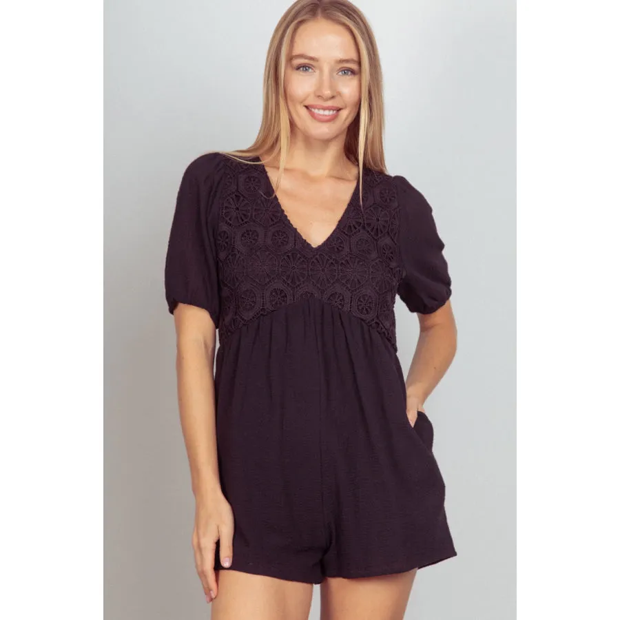 VERY J Lace Detail Puff Sleeve Romper with Pockets